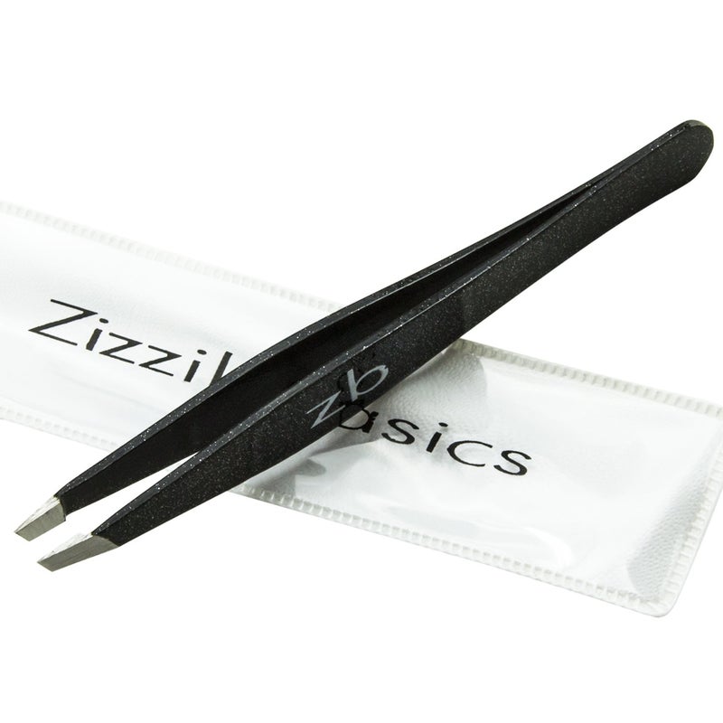 Zizzili Basics Tweezers â€“ Surgical Grade Stainless Steel - Slant Tip for Expert Eyebrow Shaping and Facial Hair Removal â€“ with Protective Pouch - Best Tweezer for Men and Women (Black) - Image 1